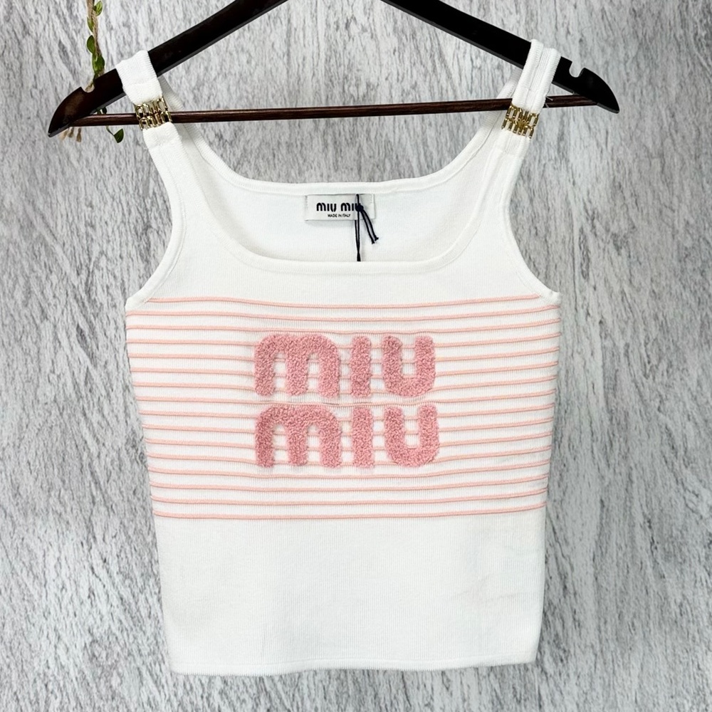 Miu Miu White and Pink Striped Knit Logo Camisole
